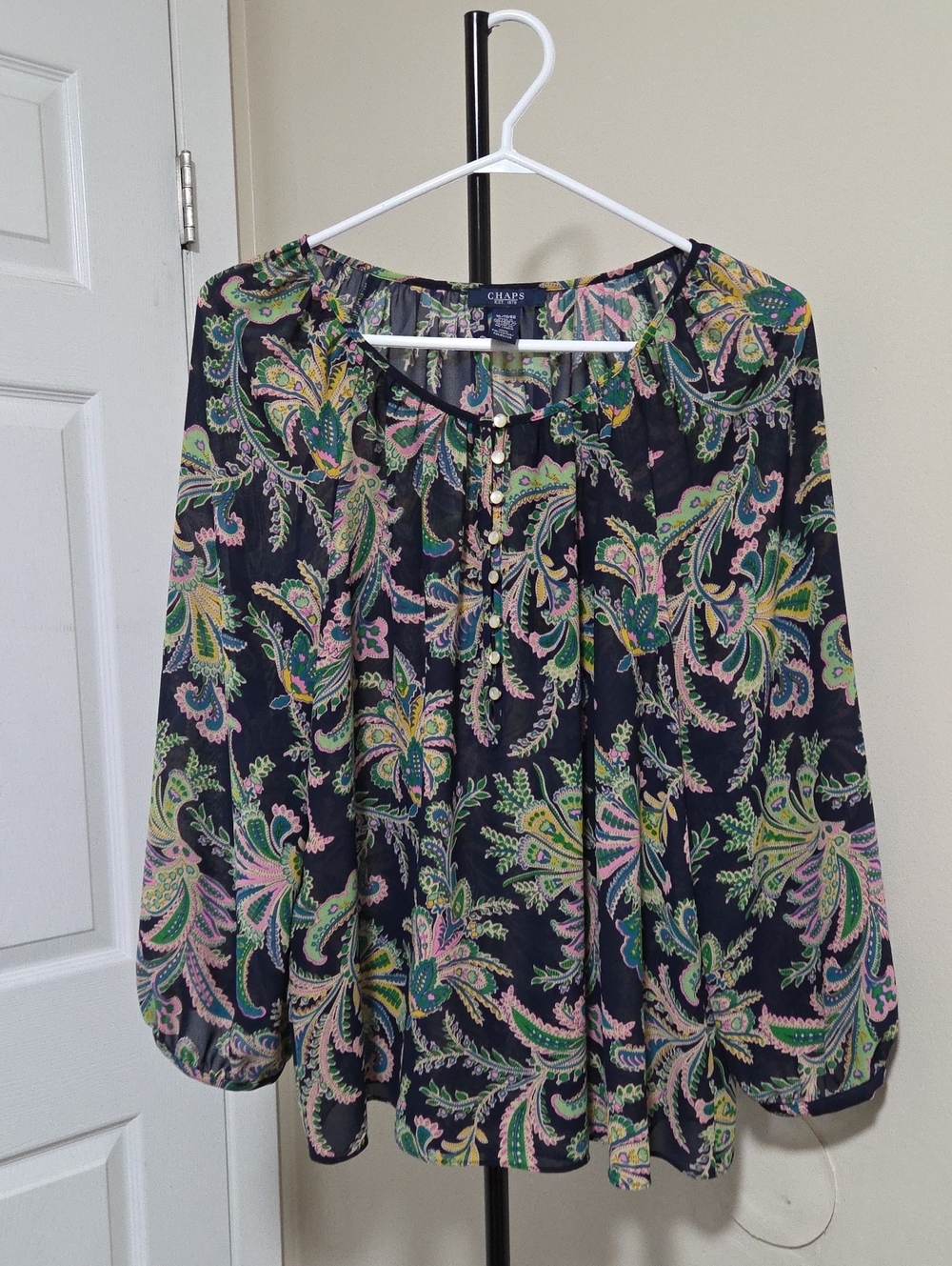 Chaps Women’s Black Paisley Peasant Blouse - Pink & Green Print